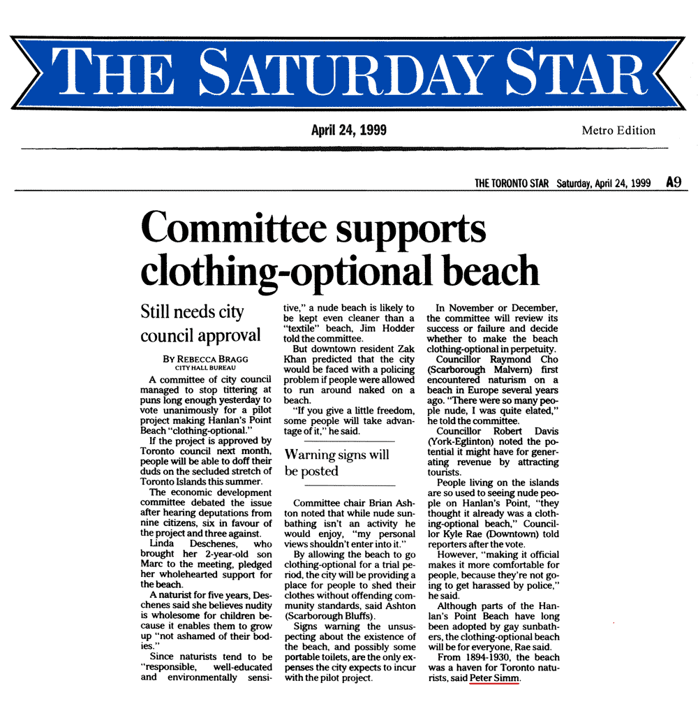 Toronto Star 1999-04-24 - Committee OKs Hanlan's Point CO-zone